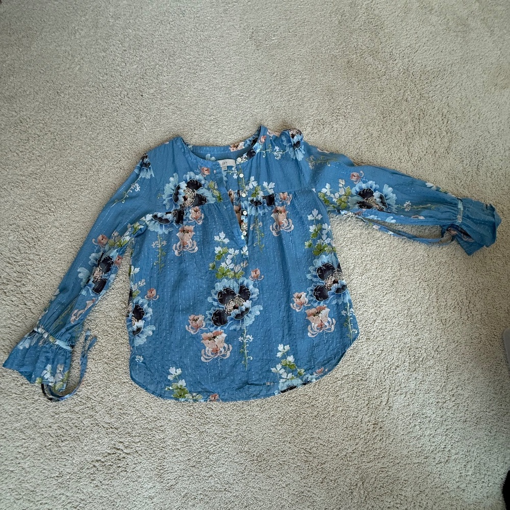 Loft Blue Floral Blouse Lightweight Sheer Boho Tie Sleeve Size L - Picture 4 of 9